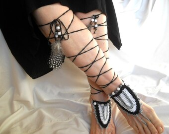 Crochet Barefoot Sandals Ready To Ship Women Summer Sandles Shoes Beads Victorian Anklet Foot Wedding Accessories Bridal Black Beach Wear