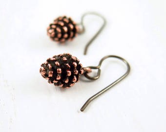 Copper Pinecone Earrings Antiqued Brass Pine Cone Earrings Nature Earrings Pinecone Jewelry Woodland Jewelry Pine Cone Jewelry