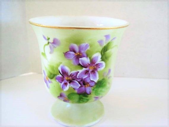 Enesco African Violet Vase, Small Size, Green Background, Gilt Edge, Collectible Footed Vase