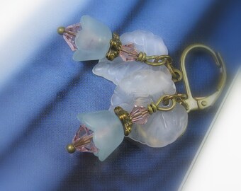 Leaf and Flower Earrings, Soft Pastel Pink and Blue Earrings, Swarovski Crystal, Woodland, Antiqued Brass, Gifts for Gardeners, Boho Chic