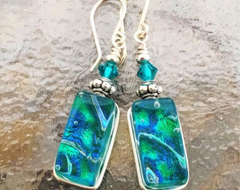 Translucent Green Dichroic Glass Earrings Wire-Wrapped with Sterling Hooks and Swarovski Beads