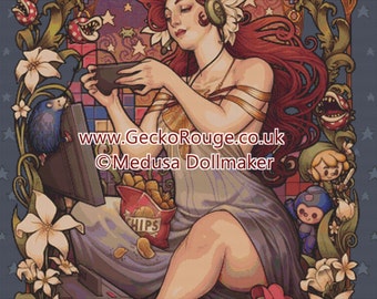 Extra Large - Cross stitch 'Gamer Nouveau' Medusa Dollmaker' - Modern Art Needlecraft Set with DMC Materials - Counted cross stitch, Gaming