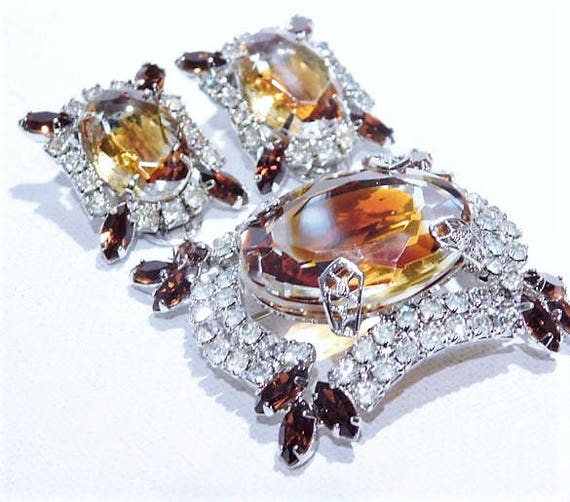 GIVRE Art Glass Rhinestone Brooch Earrings Set