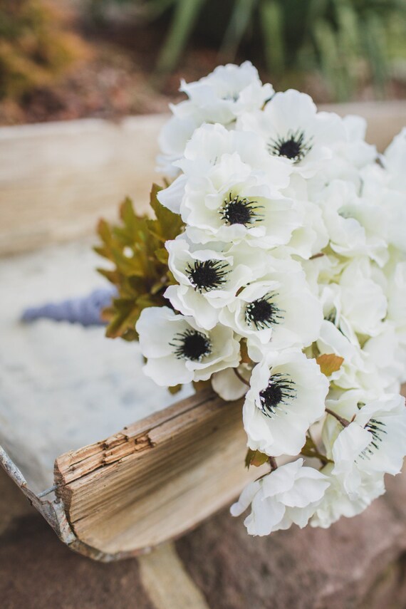 White Anemone Silk Flower Ribbon Bouquet