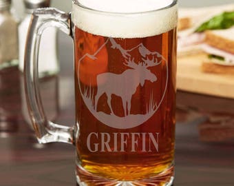 Moose etched Beer Stein - Moose with Mountain backdrop, etched beer stein