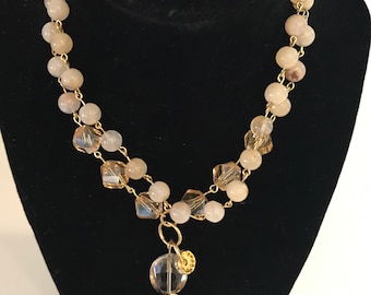 32 Inch Citrine and Crystal Necklace With Gold Vermeil Leaf Pendant