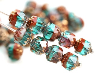 6mm Fancy Cathedral Czech Glass beads, Mixed Teal Brown, Golden ends, fire polished, round - 15Pc - 1212