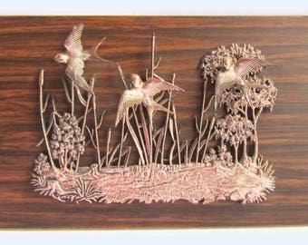 Vintage 70s Mid Century Copper Wall Plaque Flying Birds . Tretchikoff Era