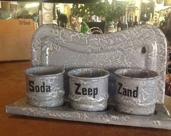 Three Vintage Enamelware Cannisters with Holder