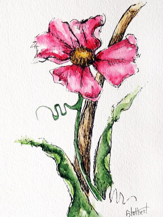 Rose Flower Original Watercolor Art Painting Pen and Ink