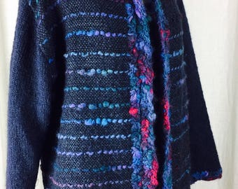 Vintage 80's handknit handloomed navy wool open cardigan