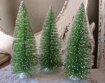 Large Bottle brush tree 8" Glittered large green trees village crafts supplies vintage style table decor Cottage Chic decor