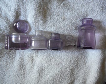 Inkwell Bottle Lot (5) Vintage Purple Amethyst Glass Inkwell And Ink Bottle Lot