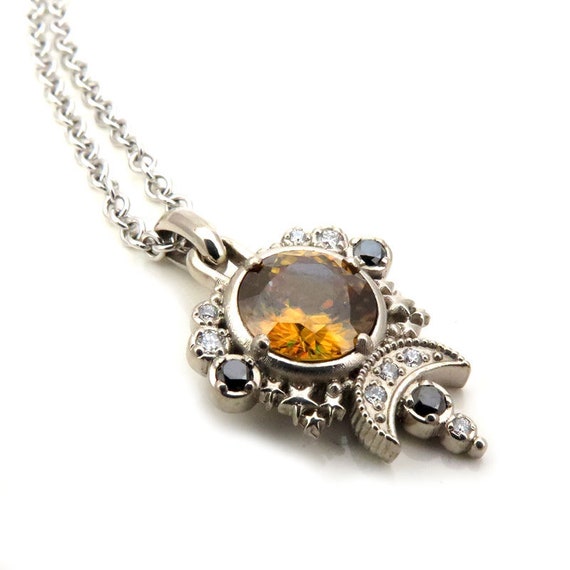 Sphene Moon Pendant - Black and White Diamond Celestial Necklace - 14k Palladium White Gold - Ready to Ship