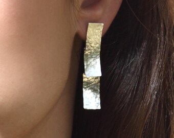 Long silver earrings, hammered earring, unique women post dangle earrings