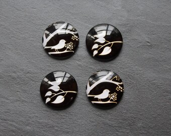 4 cabochons 25 mm glass, black and White Bird on branch