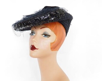 Vintage 1940s hat, navy blue tilt, WW2 era, back cap,
