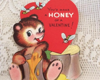 Vintage 1950s Valentine Card Teddy Bear Honey Pot Bumble Bee Collectible Paper Ephemera Arts Crafts Scrap Booking