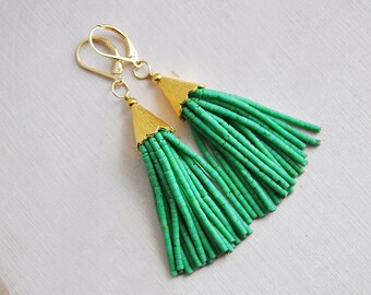 Green Tassel Earrings, Tassel Earrings, Beaded Tassel Earrings, Festival Earrings, Bohemian Earrings, Boho Earrings, Long Earrings,