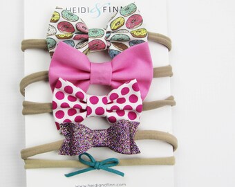 NEW Donuts Hairbow SET of 5 Hairband cotton little sweet treats glitter suede pink