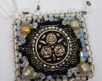 Collar necklace or Choker, utterly unique bead embroidery, button and tie in cotton net