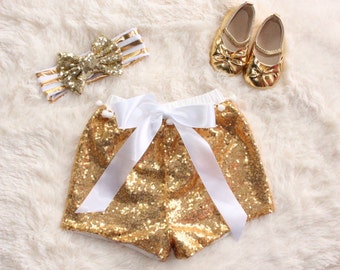 Gold Sequin Shorts | Pom Poms | Sparkly Baby Shorts | Birthday Outfit | Sparkle Outfit | Birthday Shorts | Toddler Shorts | Girl Shorts