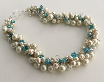 Aqua, Blue Green, Teal DESTINATION Bridal Beach WEDDING Necklace, Crystal, Creamy Ivory, Hand Knit Pearl Cluster