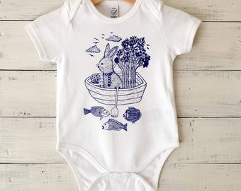 Baby Onesie, Organic Cotton Bodysuit, Hand Printed Baby Romper, Rabbit in Boat Design, Blue Print on White