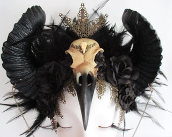 Raven Queen Black Feather Headdress Crown Ram Horns Headpiece Halloween Mythical