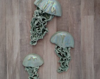 Modern wall art. Aura iridescent Jellyfish ceramic wall sculpture. Set of 3 art installation. Large wall art. Bathroom mermaid wall decor.