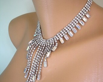 Crystal Bridal Necklace, Statement Necklace, Great Gatsby Jewelry, Rhinestone Bib, Diamante, Waterfall, Vintage Collar, Bridal Choker, Deco
