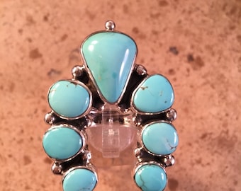 Navajo Turquoise & Sterling Silver Naja Cluster Ring Sz 9 Signed