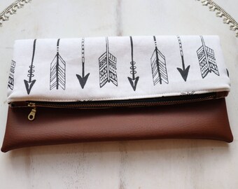 Arrow Vegan Leather Fold Over Clutch, Zipper Pouch