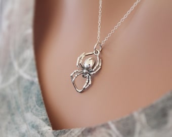 Sterling Silver Realistic Spider Pendant Necklace, Spider Pendant Necklace, Spider Necklace, Silver Spider Necklace, 3D Spider Necklace