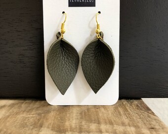 Olive green (xsmall) leather leaf earrings