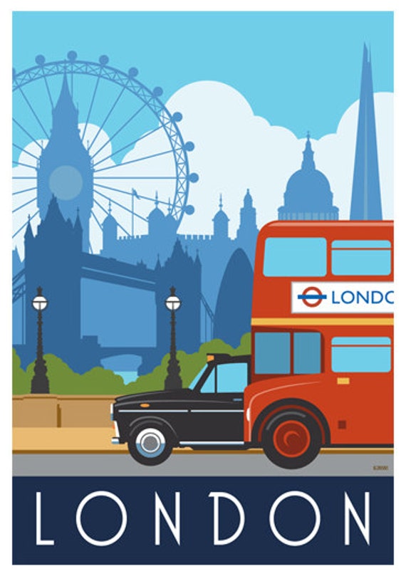 LONDON. Art print Railway Poster of London Bus & Taxi. A4 A3