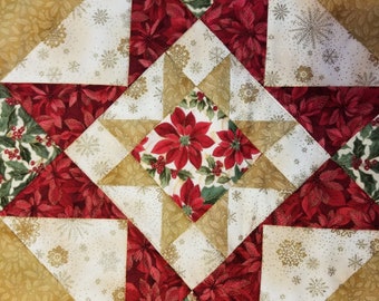 Large Table runner with Poinsettia's and embroidered Holly