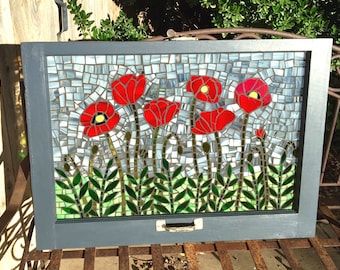 Vintage Window Red Poppies Stained Glass Mosaic - Repurposed - Custom - Wall hanging