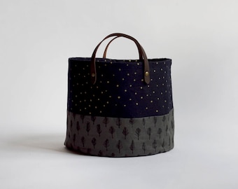 Trees & Stars Small Basket. Bucket Bag. Storage Bag. Project Bag. Tote. Yarn Basket. Knitting Bag. Fabric Bucket.