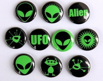 Green Aliens Set of 10 - Pinback Buttons Badges 1 inch - Flatbacks or Magnets
