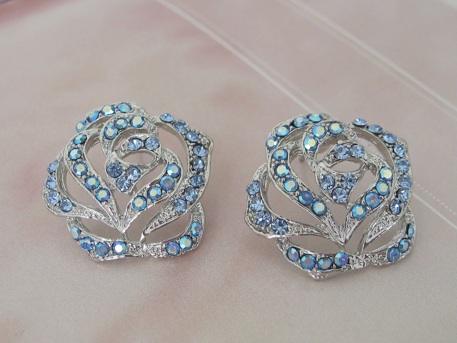 Brides Bridesmaids Sky Blue Rhinestones floral earrings Bride