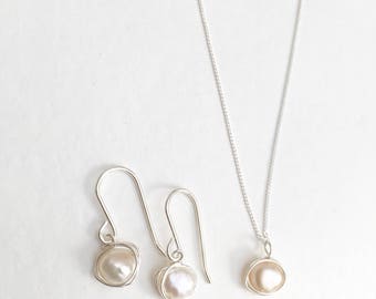 Pearl necklace and earrings set, 925 sterling silver pearl set, pearl jewellery set, pearl jewelry set, silver and pearl jewellery