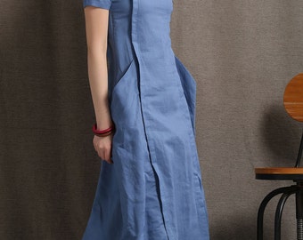 Blue linen dress, fitted linen dress, womens dresses, midi dress, turquoise dress, summer dress, pocket dress, casual dress, handmade C415