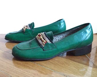 70s loafers leather vintage green/SHALAKO/made in Italy/new/heel tops/size 36/UK 3 US 5