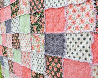 Baby Rag Quilt - Crib Quilt - Shades of Pink, Orange, Green - Floral Quilt - Girl Quilt - Baby Girl