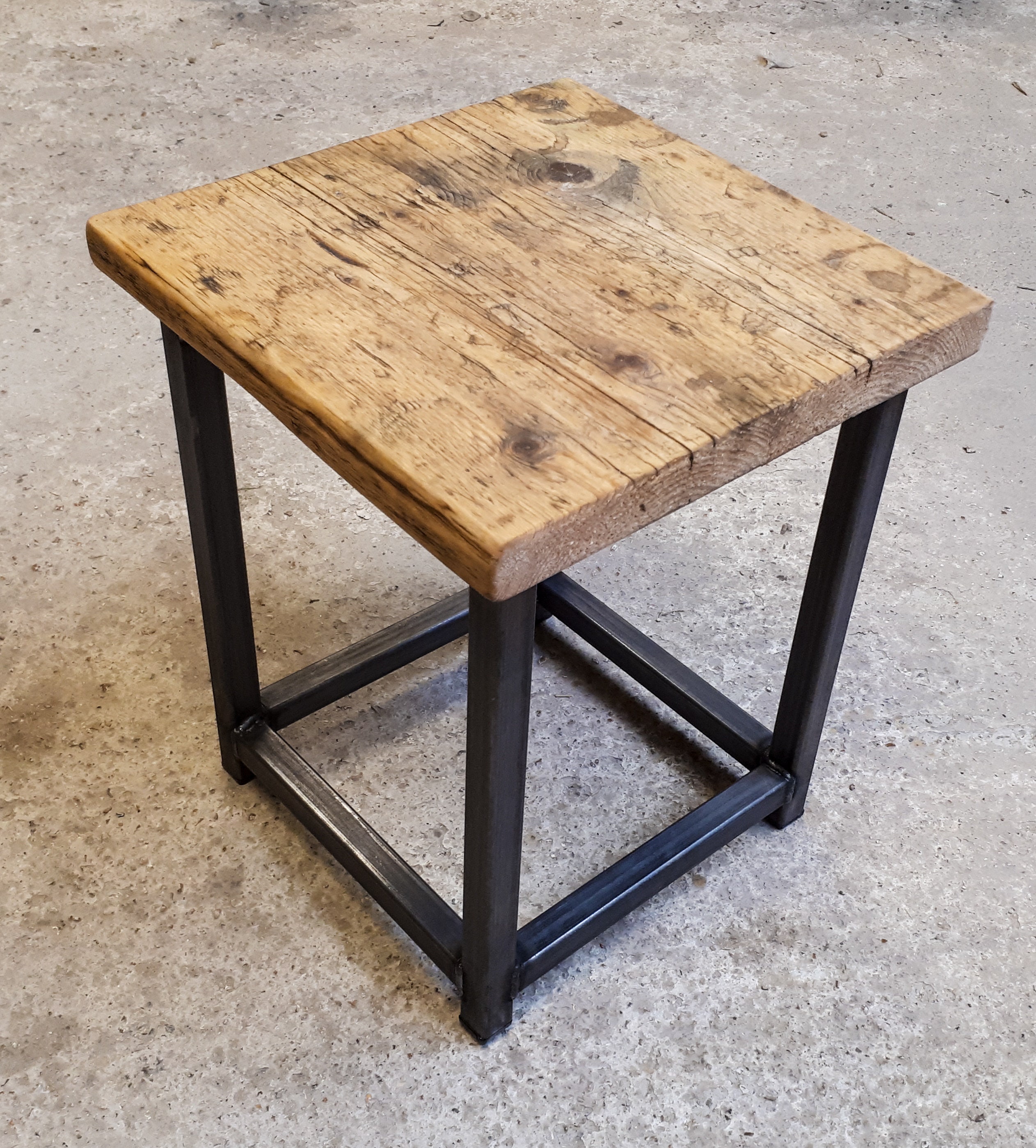 Reclaimed Rustic Scaffold Board & Steel Industrial Look Stool Side Reclaimed Rustic Scaffold Board & Steel Industrial Look Stool Side