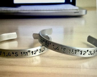 Coordinates Cuff Bracelet skinny Cuff bracelet Hand Stamped Aluminum bracelet Aluminum Cuff Bracelet Friend gift Hand Stamped