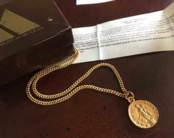 Goddess of Fortune and Fate, Personification of Luck Pendant Necklace - Vintage Alva Museum Replica Gold Roman Coin- Fortuna - Orig Box
