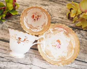 Antique Unmarked trio, entwined handle teacup and coffee cup and saucer, 3pcs set, seems to be H&R Daniel