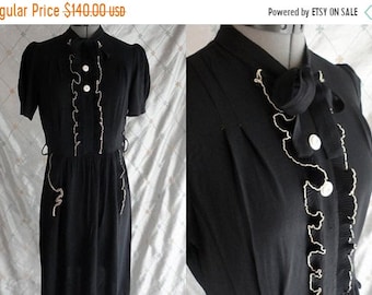 ON SALE 40s Dress // Vintage 40's Black Rayon Dress with White Trim Size L 32" waist side buttons